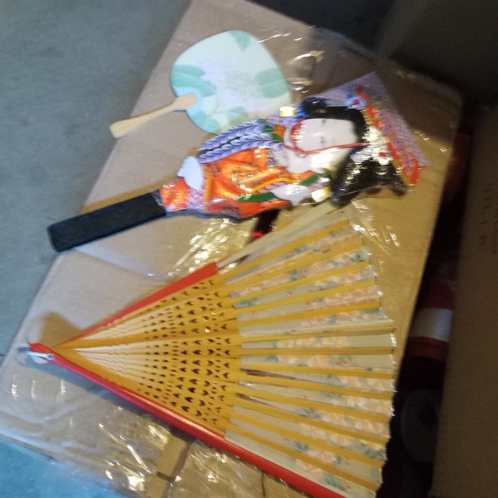 3 Vintage Japanese fans--one with a geisha figure design